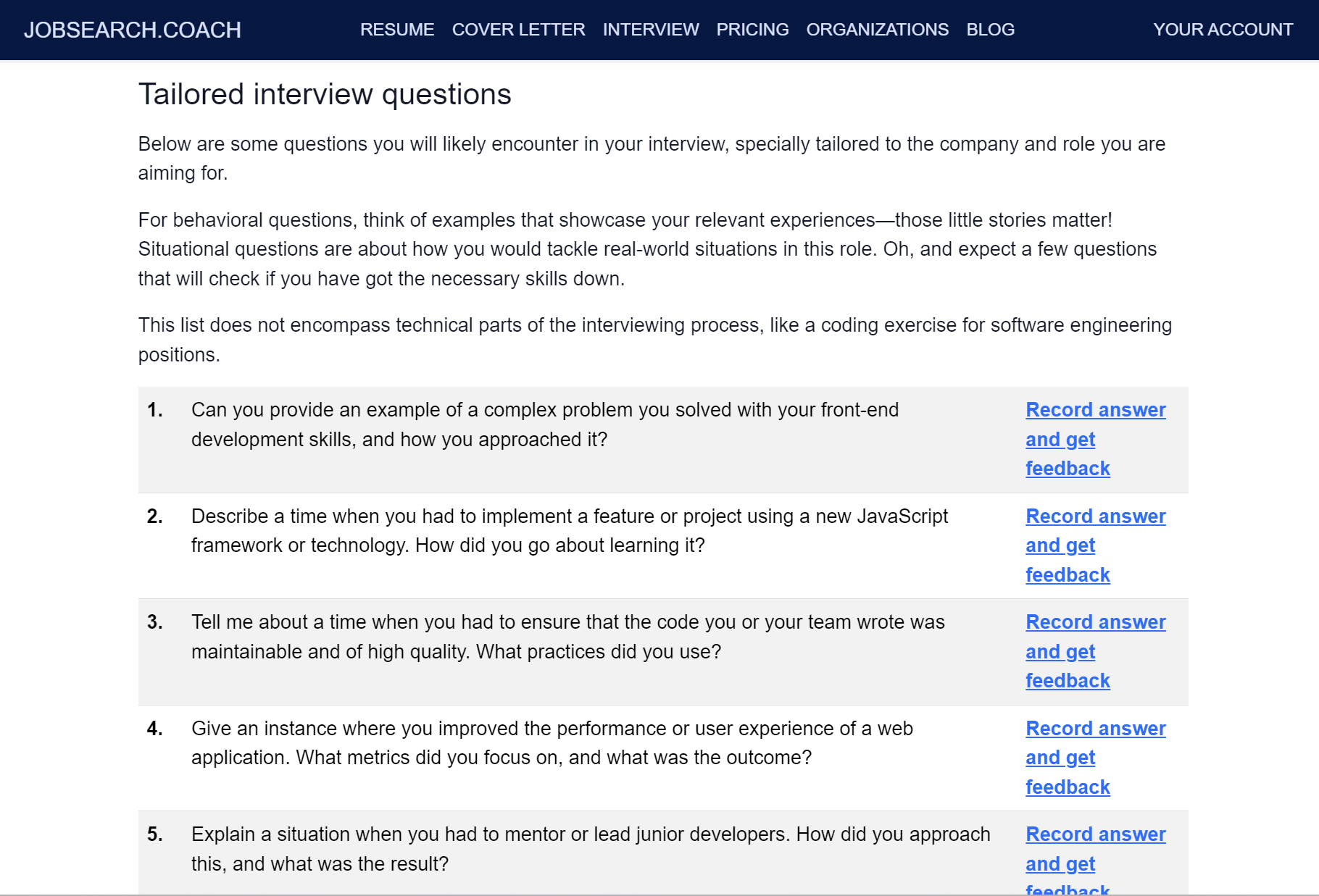 Screenshot of likely job interview questions identified during AI interview preparation at JobSearch.Coach