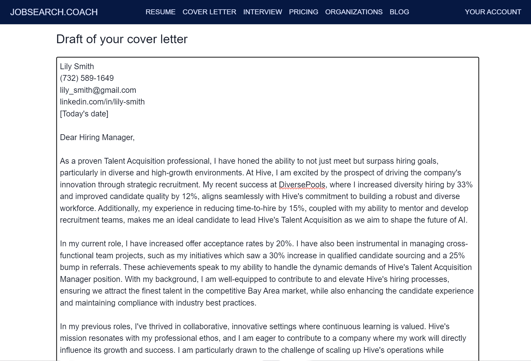 Screenshot of AI cover letter generator at JobSearch.Coach